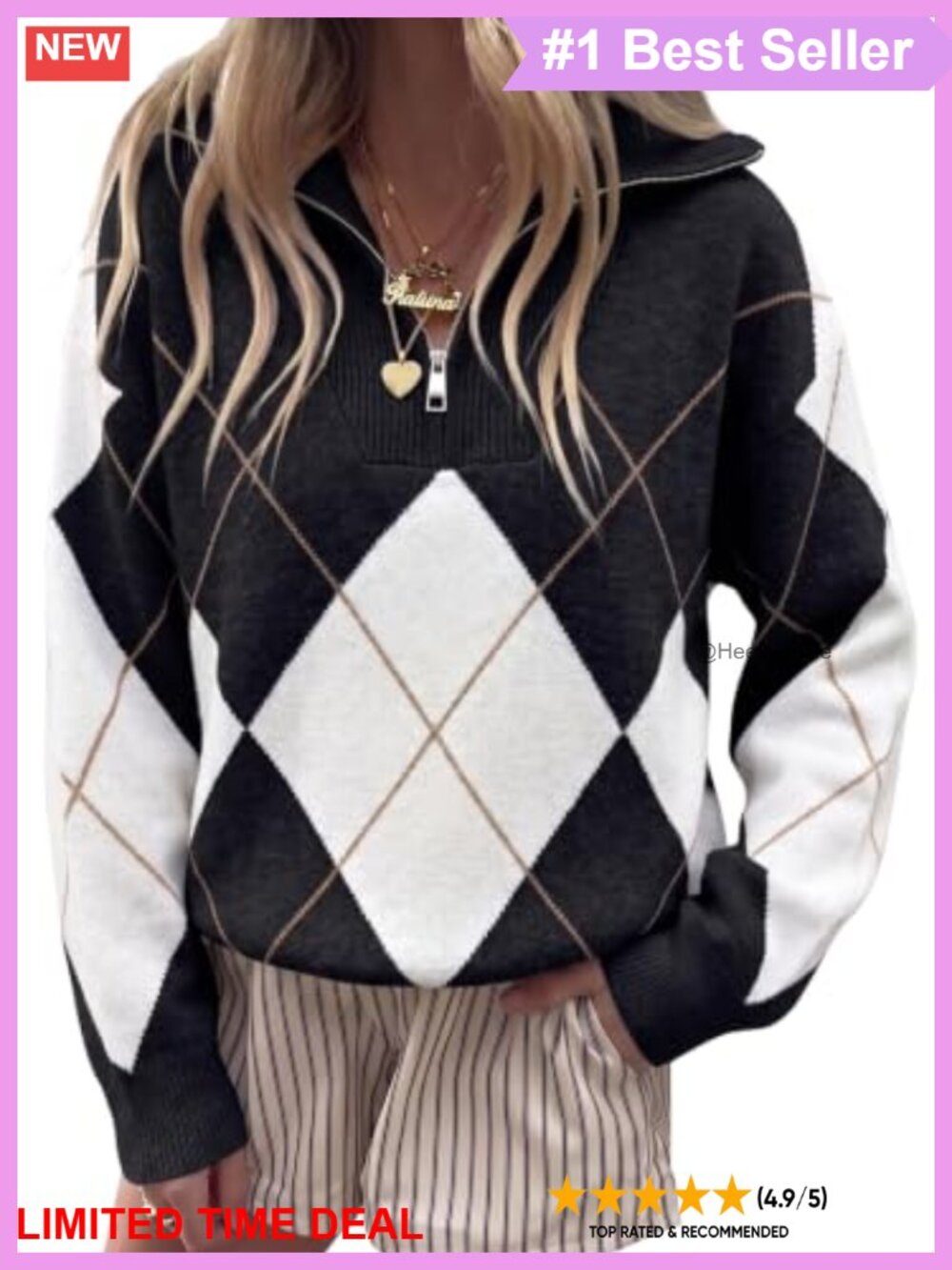 Quarter Zip Argyle Knit Pullover Sweater Loose Fit Casual Fall Top